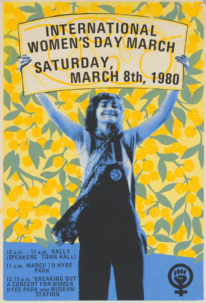 A poster from 1980 depicting a woman holding up a placard for an International Women's Day march 